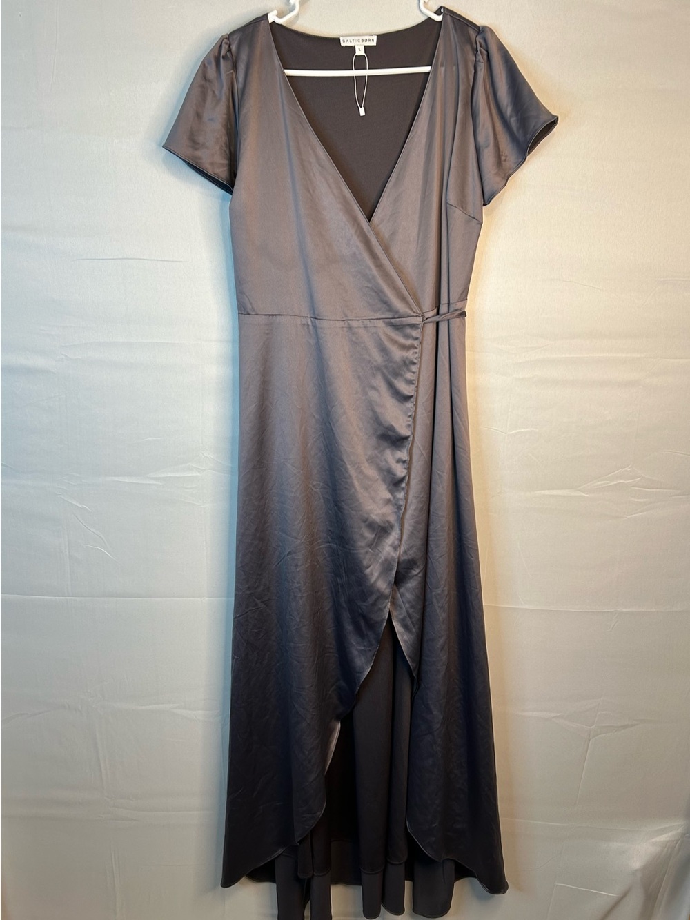 Baltic Born Women’s Large NWOT Maxi Wrap Dress Silvery Gray Fairy Feminine 110